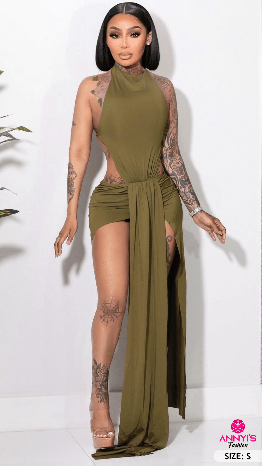 Opulent Olive Halter Cutout Maxi Dress [S]