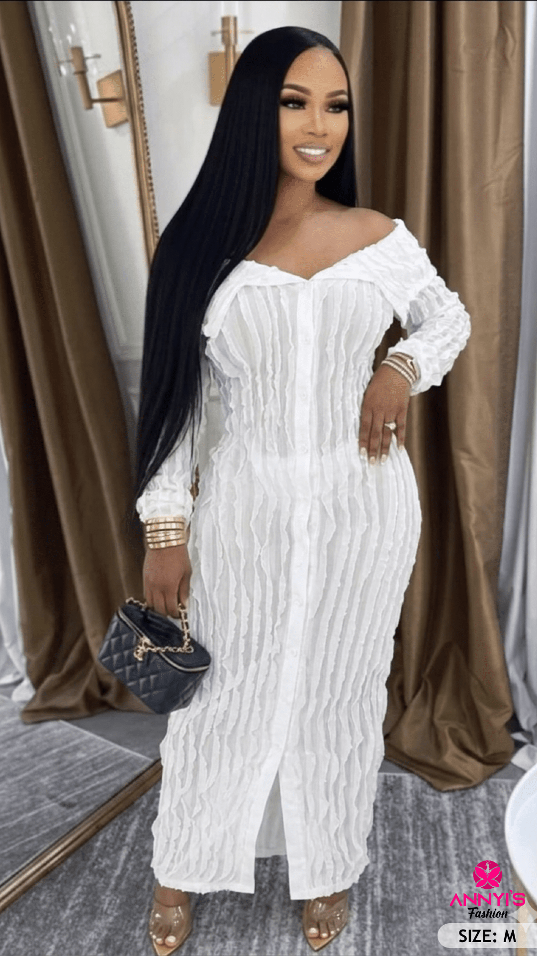 Opulent Off Shoulder Textured Midi Dress [M]