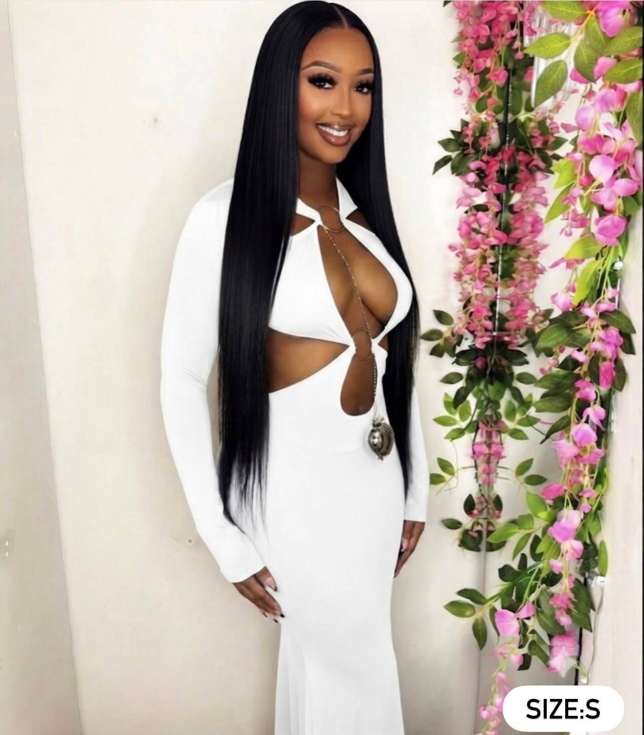 Luxe White Cutout Long Sleeve Maxi Dress [S]