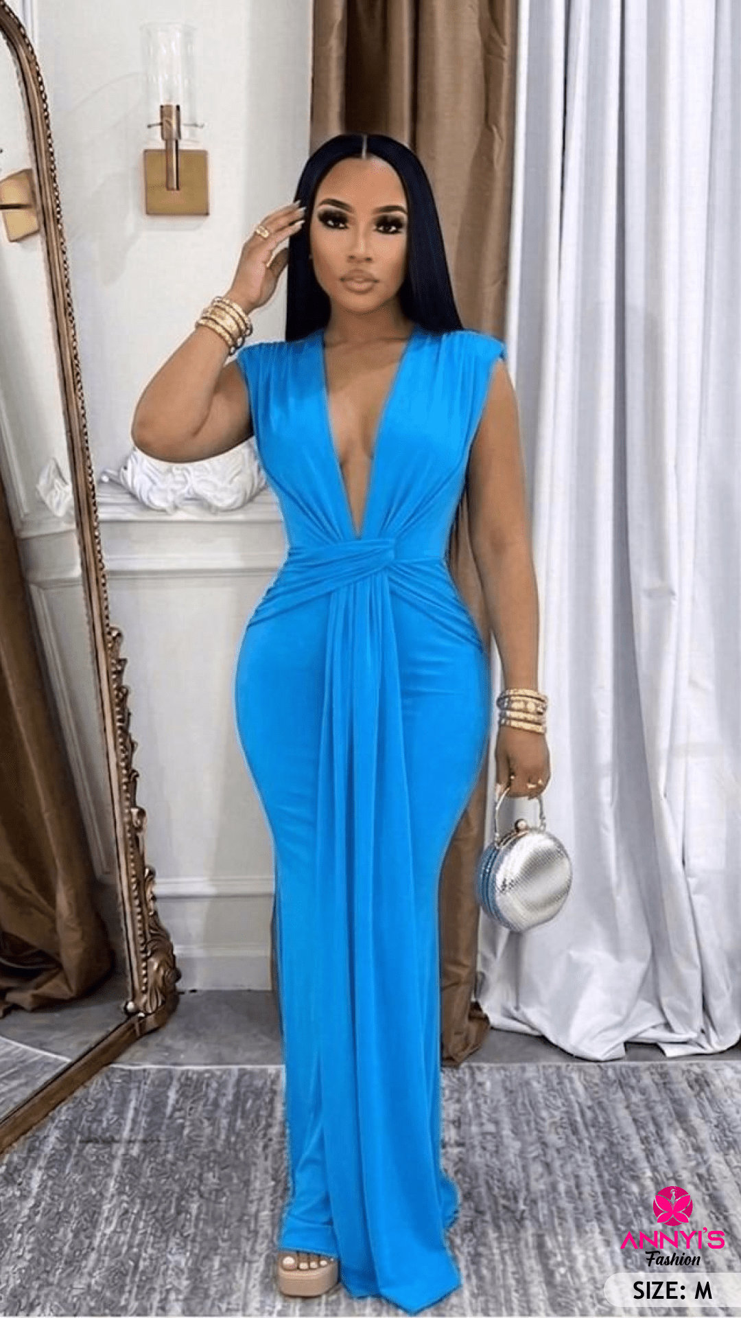 Opulent Blue Draped Evening Gown [M]