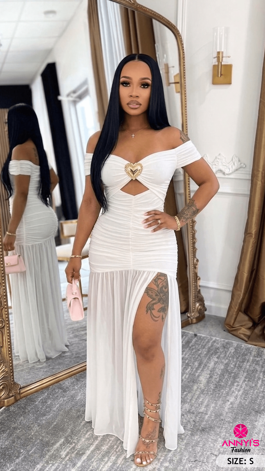 Glam Off Shoulder Ruched Maxi Dress with Heart Cutout [S]