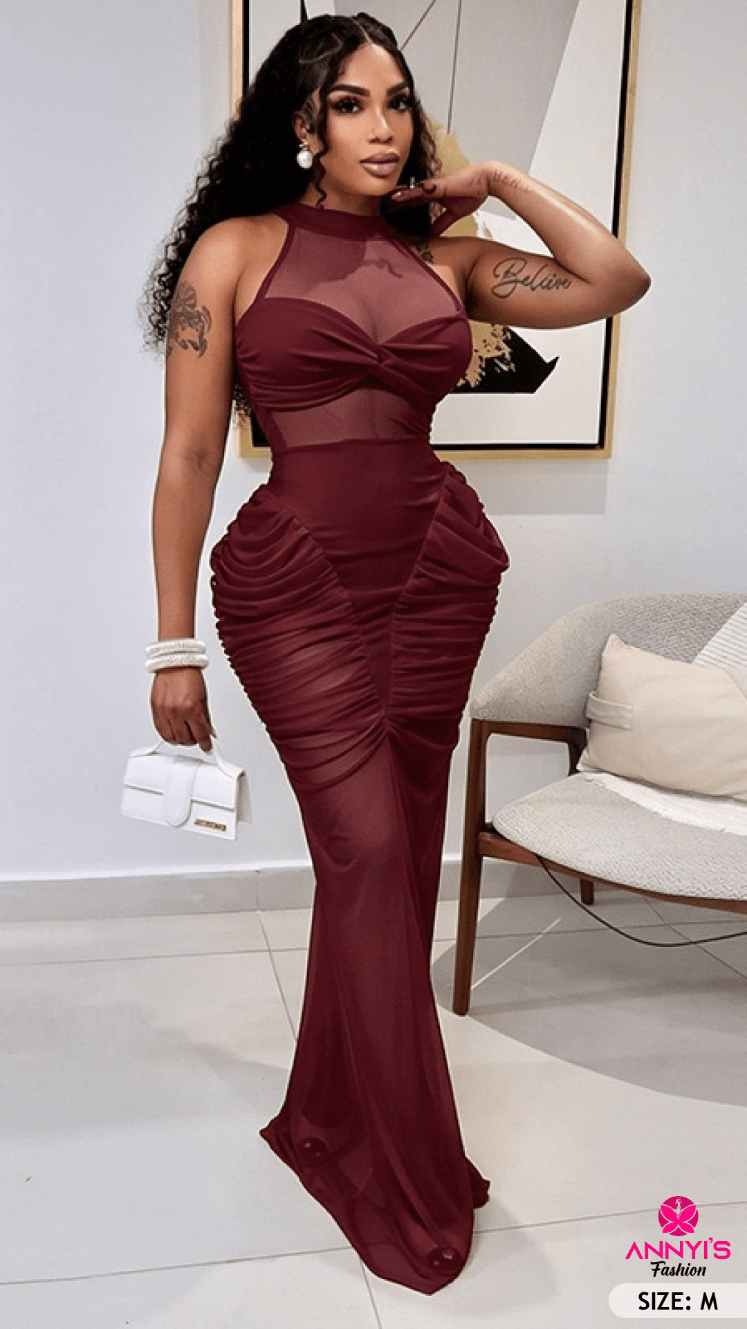 Majestic Sheer Ruched Evening Dress [M]