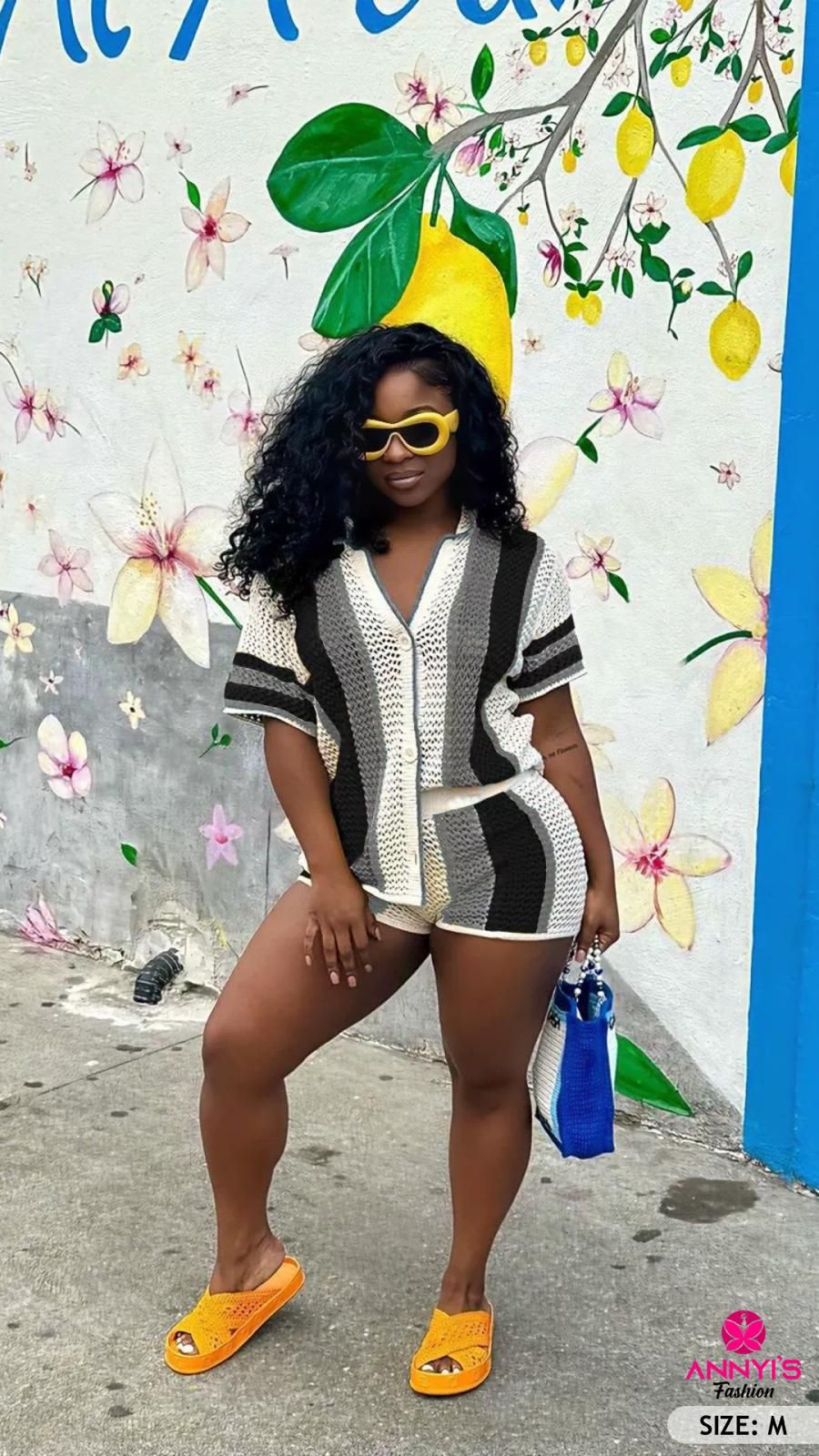 Luxe Striped Crochet Knit Shorts Set [M]