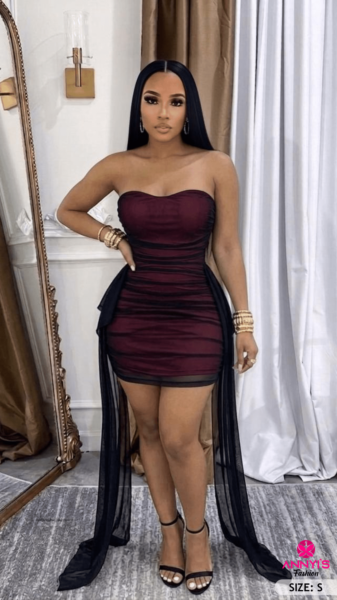 Opulent Strapless Ruched Mini Dress with Sheer Side Drapes [S]