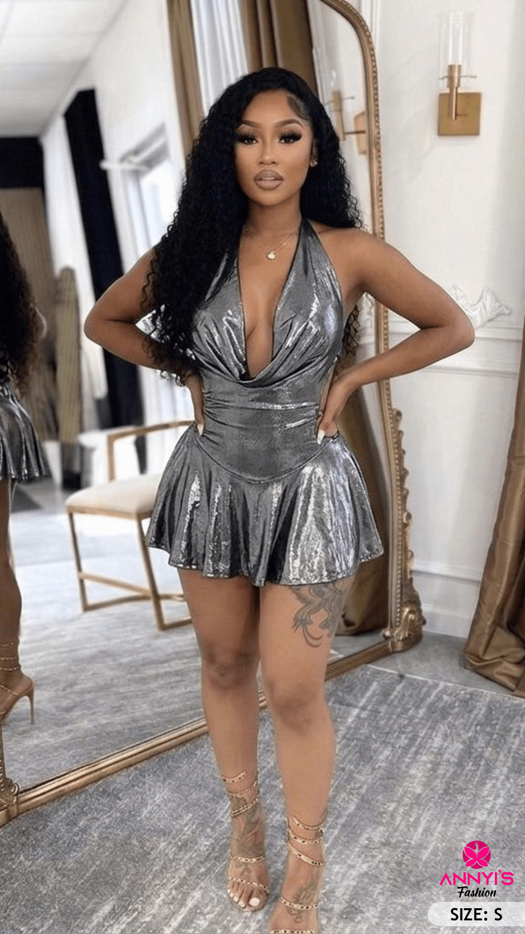 Opulent Metallic Halter Skater Dress [S]