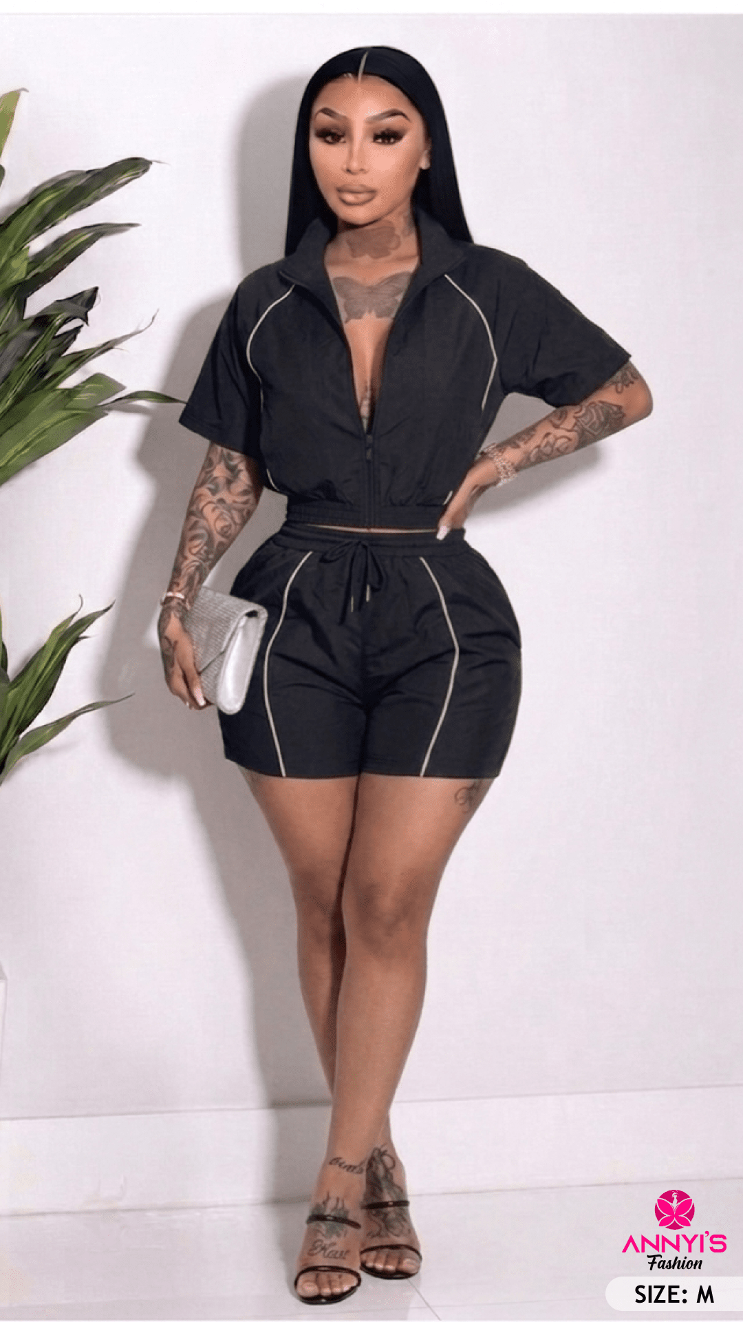 Luxe Black Two-Piece Zip-Up Shorts Set [M]