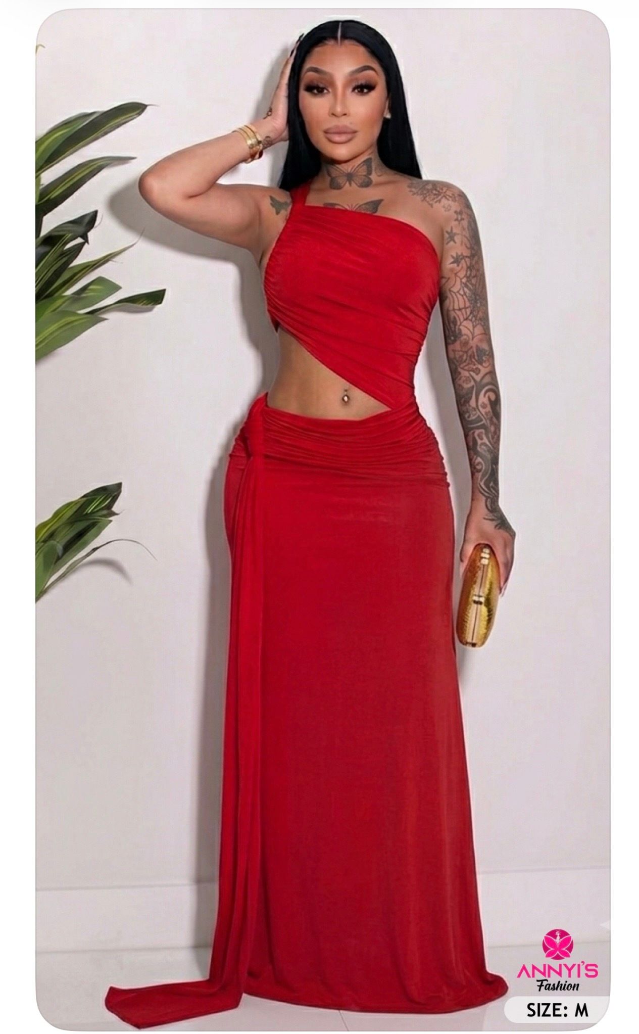 Icon Red One-Shoulder Cutout Maxi Dress [M]