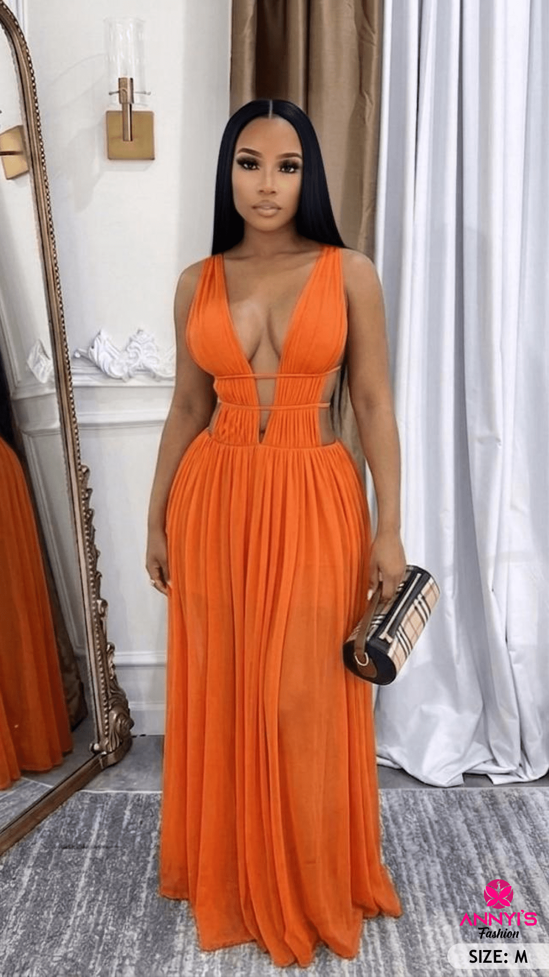 Glam Plunging Neckline Orange Maxi Dress [M]