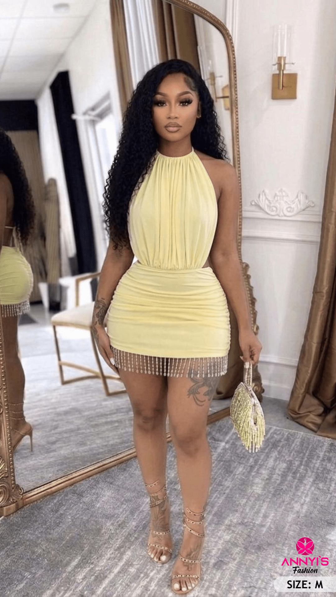 Luxe Halter Neck Yellow Mini Dress with Rhinestone Fringe [M]