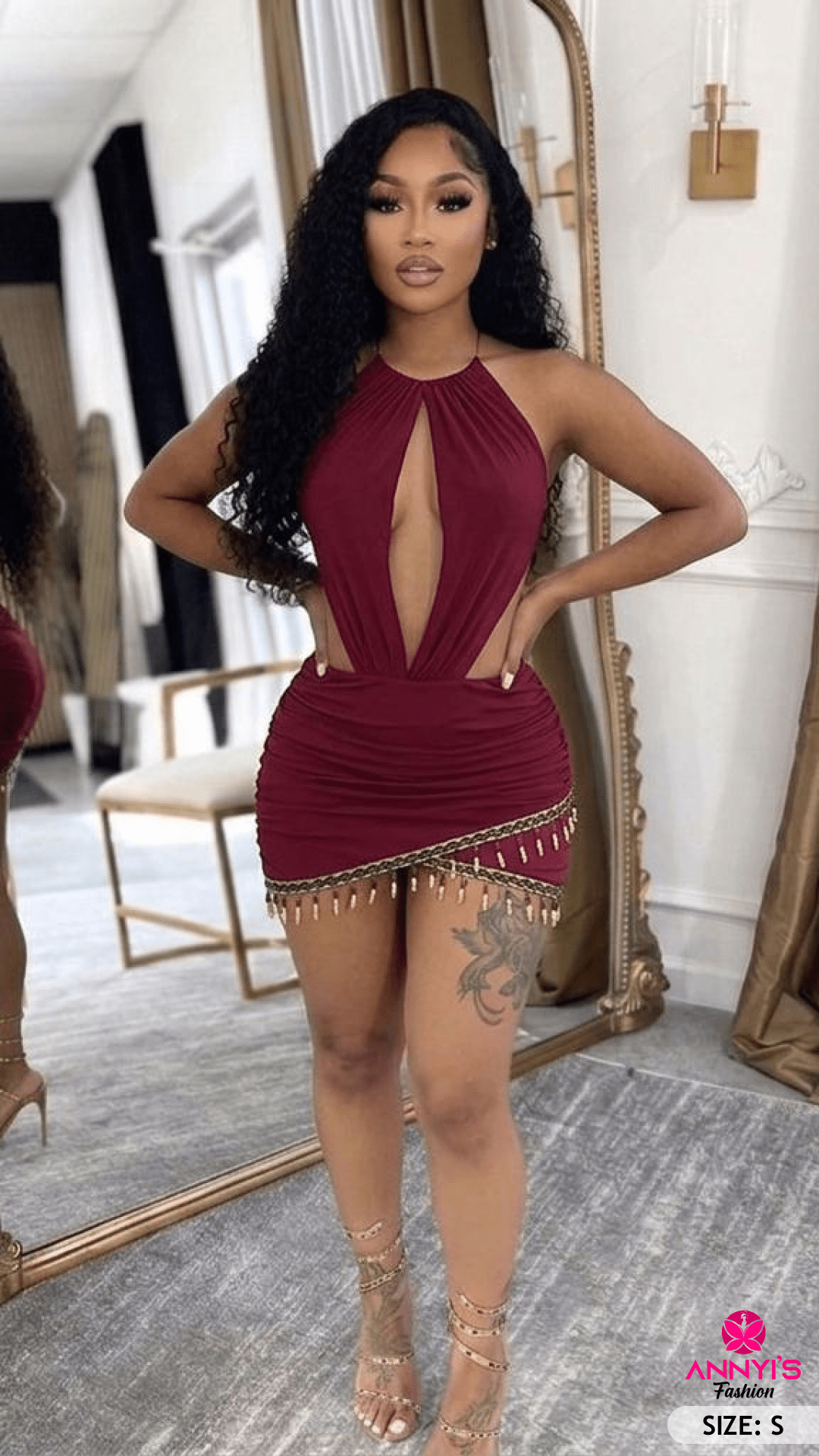Luxe Burgundy Chain Detail Halter Mini Dress [S]