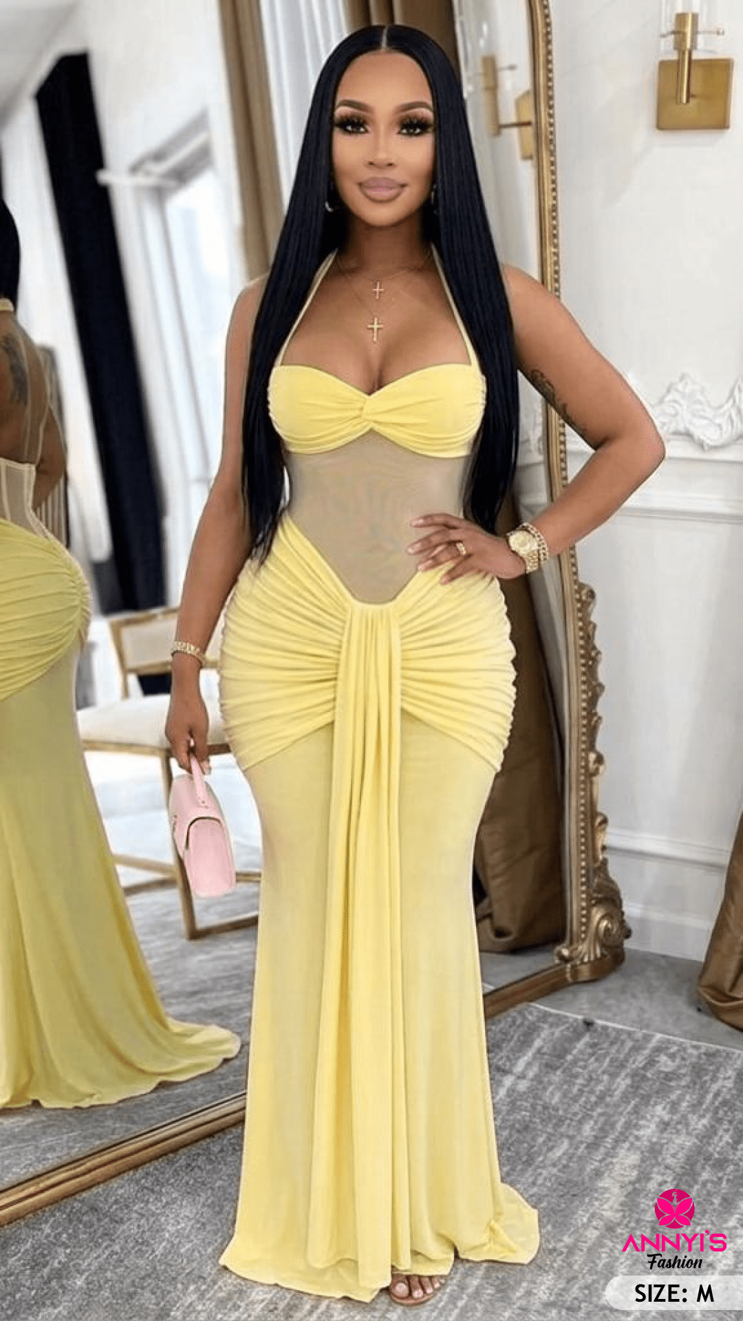 Opulent Yellow Mesh Mermaid Evening Dress [M]