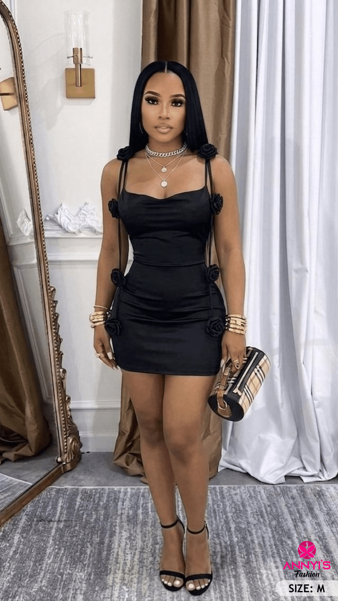 Opulent Rose Accent Black Mini Dress [M]