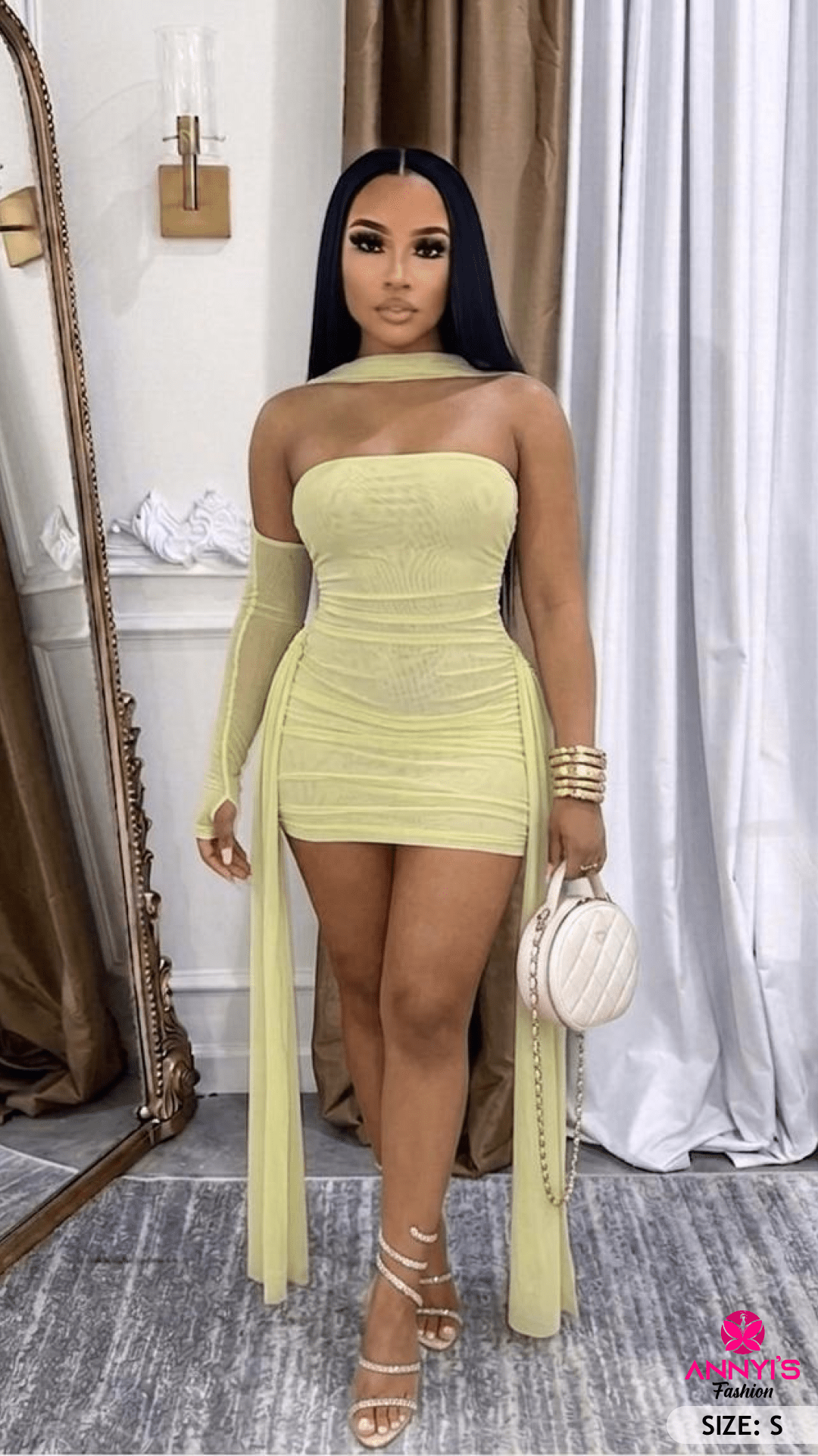 Opulent Ruched Mesh Mini Dress [S]