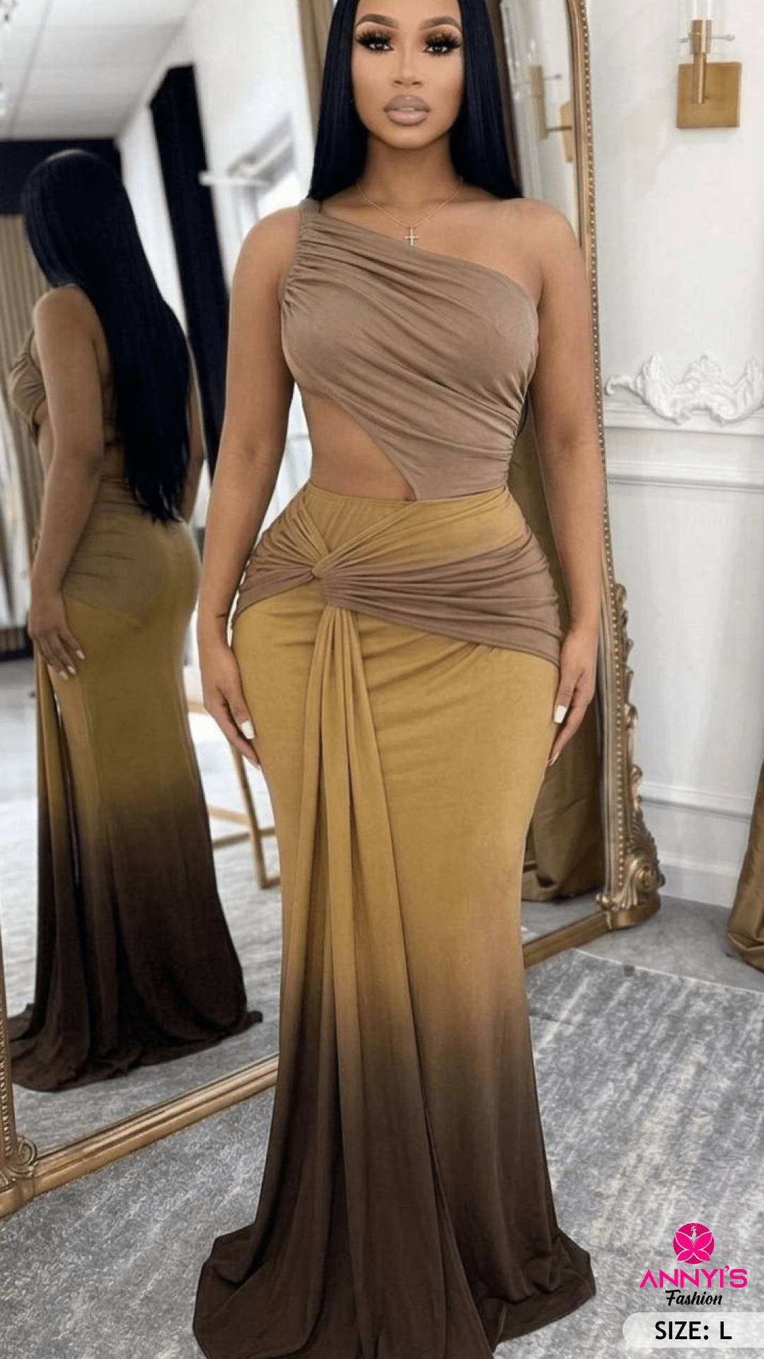 Enchante Ombre One-Shoulder Ruched Maxi Dress [L]