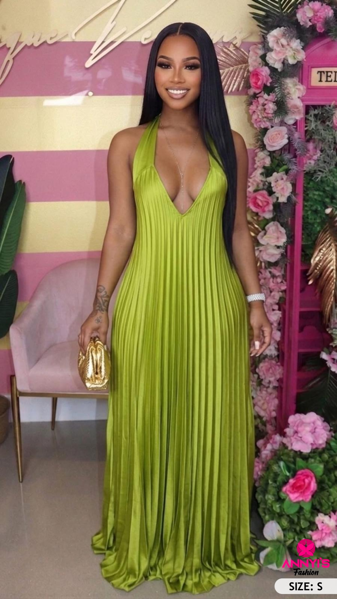 Opulent Pleated Halter Maxi Dress [S]