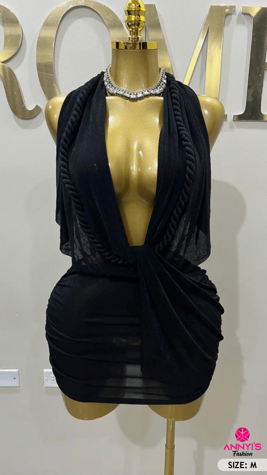 Opulent Black Draped Mini Dress [M]