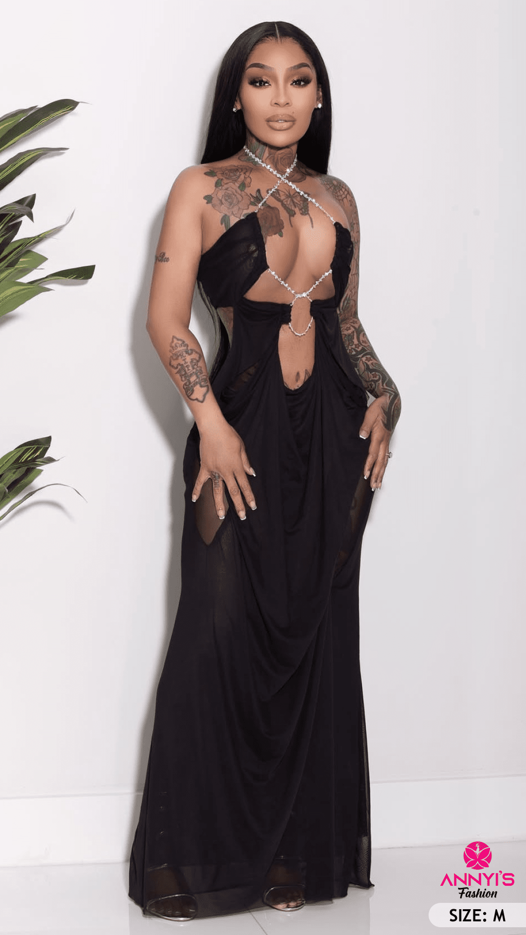 Opulent Black Mesh Chain Accent Dress [M]