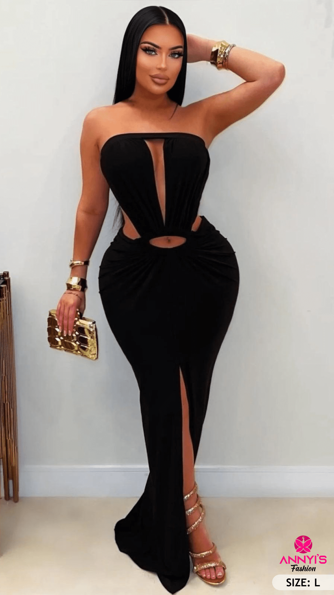 Luxe Strapless Black Cutout Evening Dress [L]
