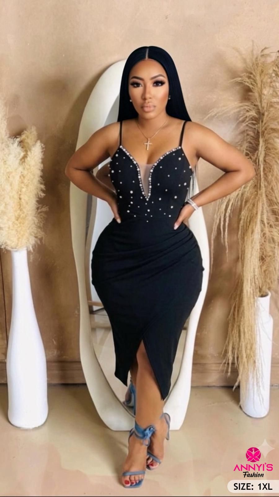 Luxe Black Pearl Detail Midi Dress [1XL]