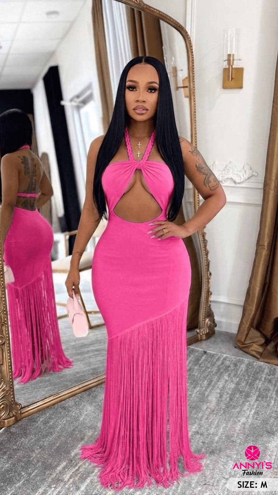 Glam Pink Halter Fringe Maxi Dress [M]