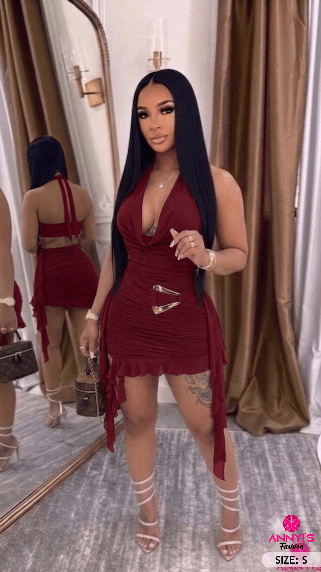 Opulent Ruched Burgundy Halter Mini Dress [S]