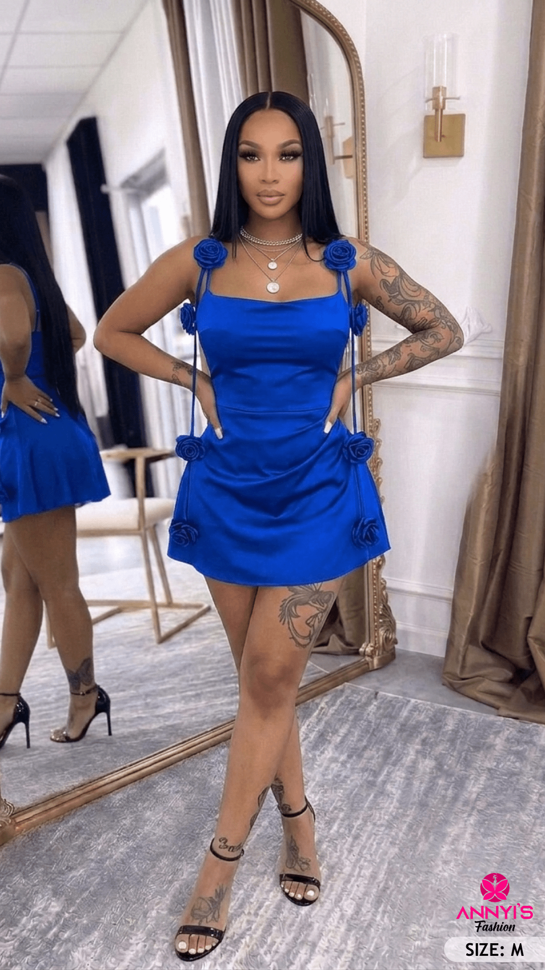 Luxe Blue Satin Floral Mini Dress [M]