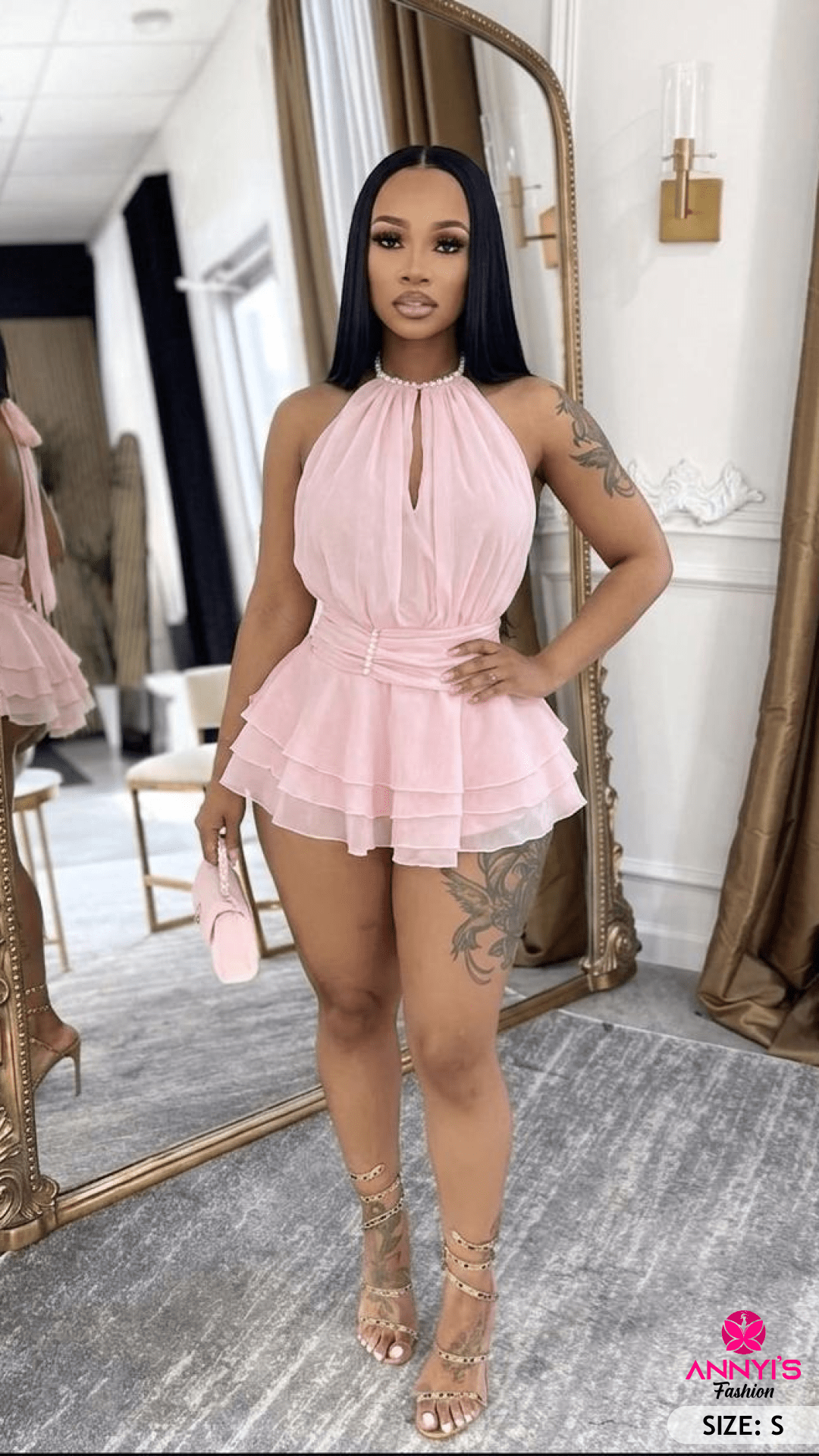 Charm Layered Pink Halter Mini Dress [S]