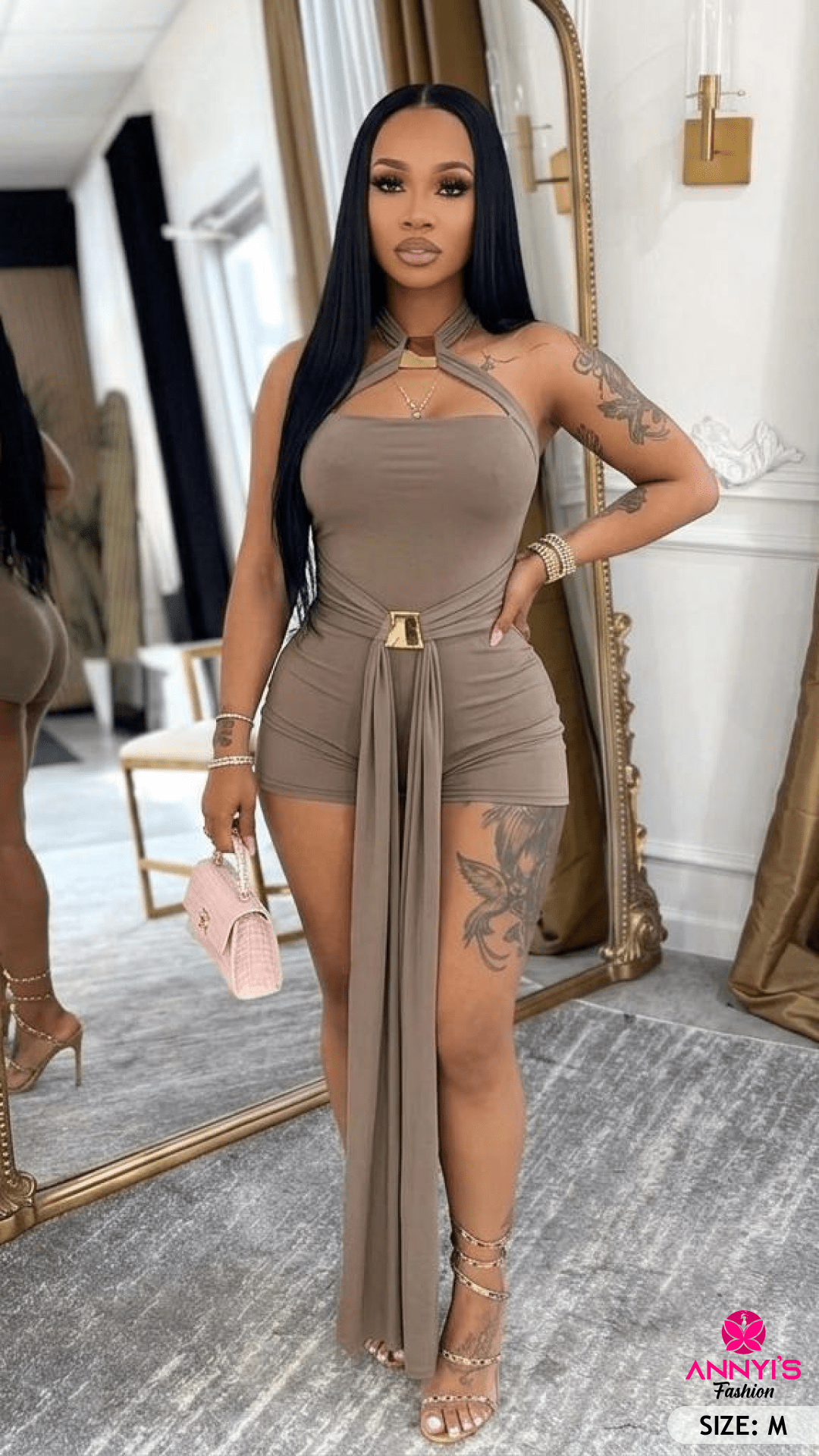Opulent Taupe Halter Mini Dress with Draped Sash [M]