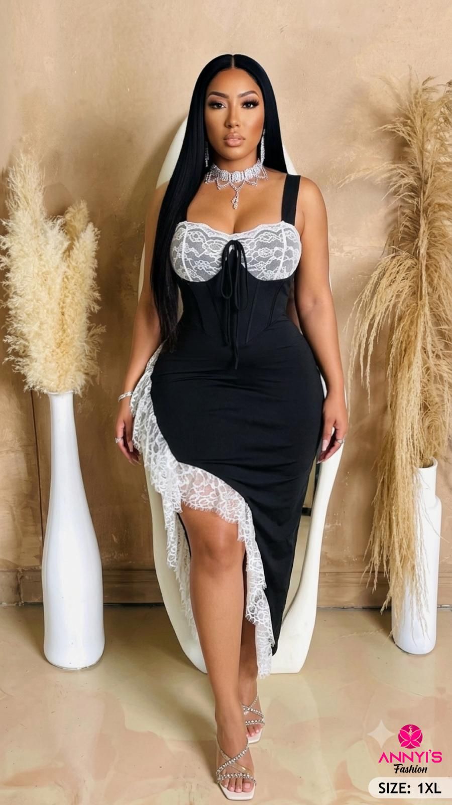 Opulent Lace Trim Corset Midi Dress [1XL]