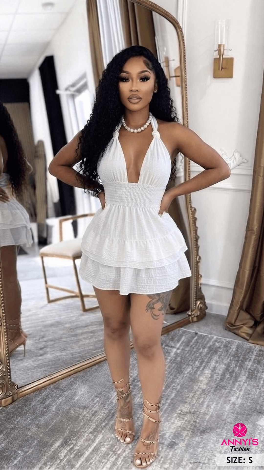 Enchanted White Halter Tiered Mini Dress [S]
