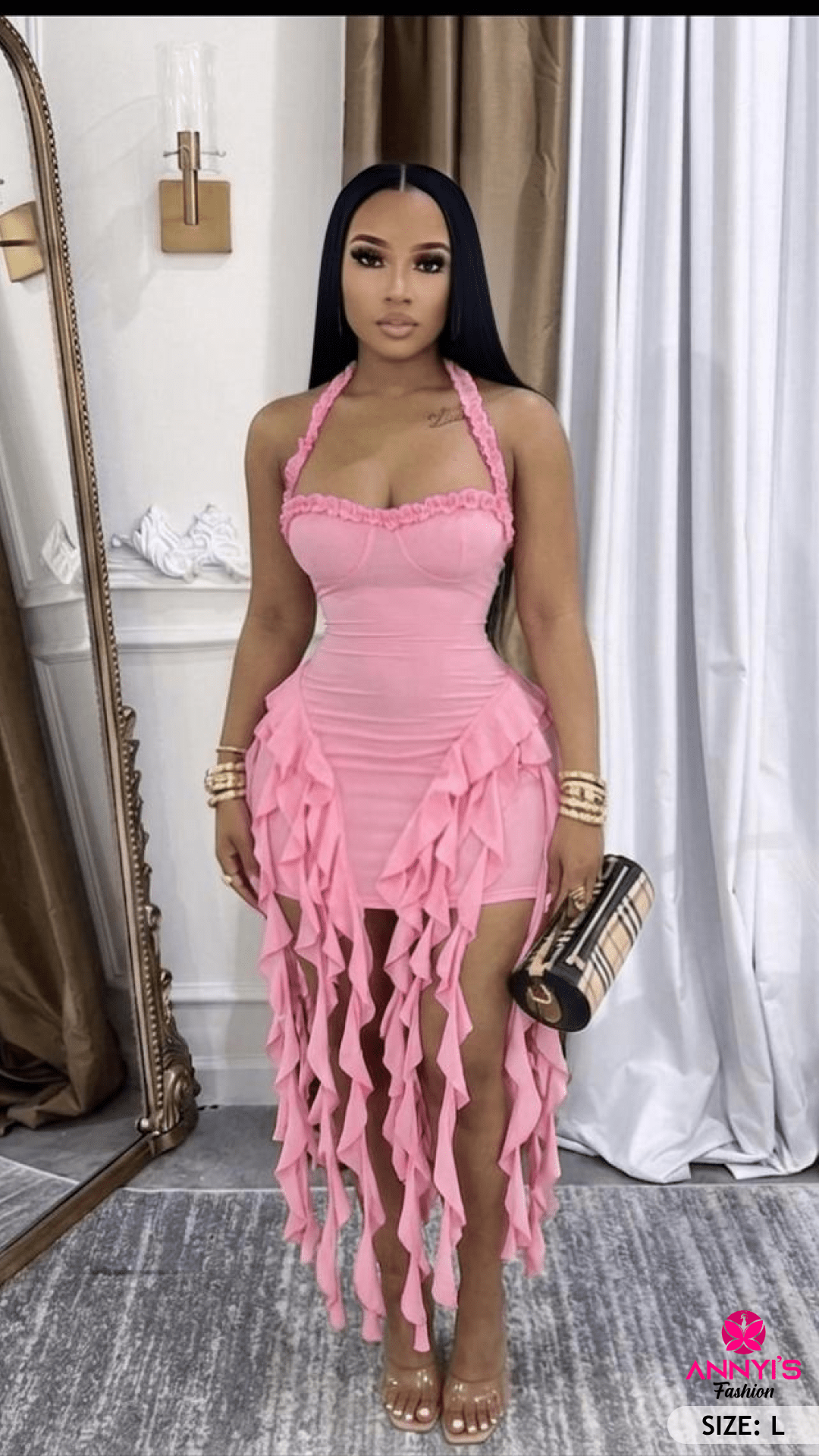 Luxe Pink Ruffle Halter Dress [L]