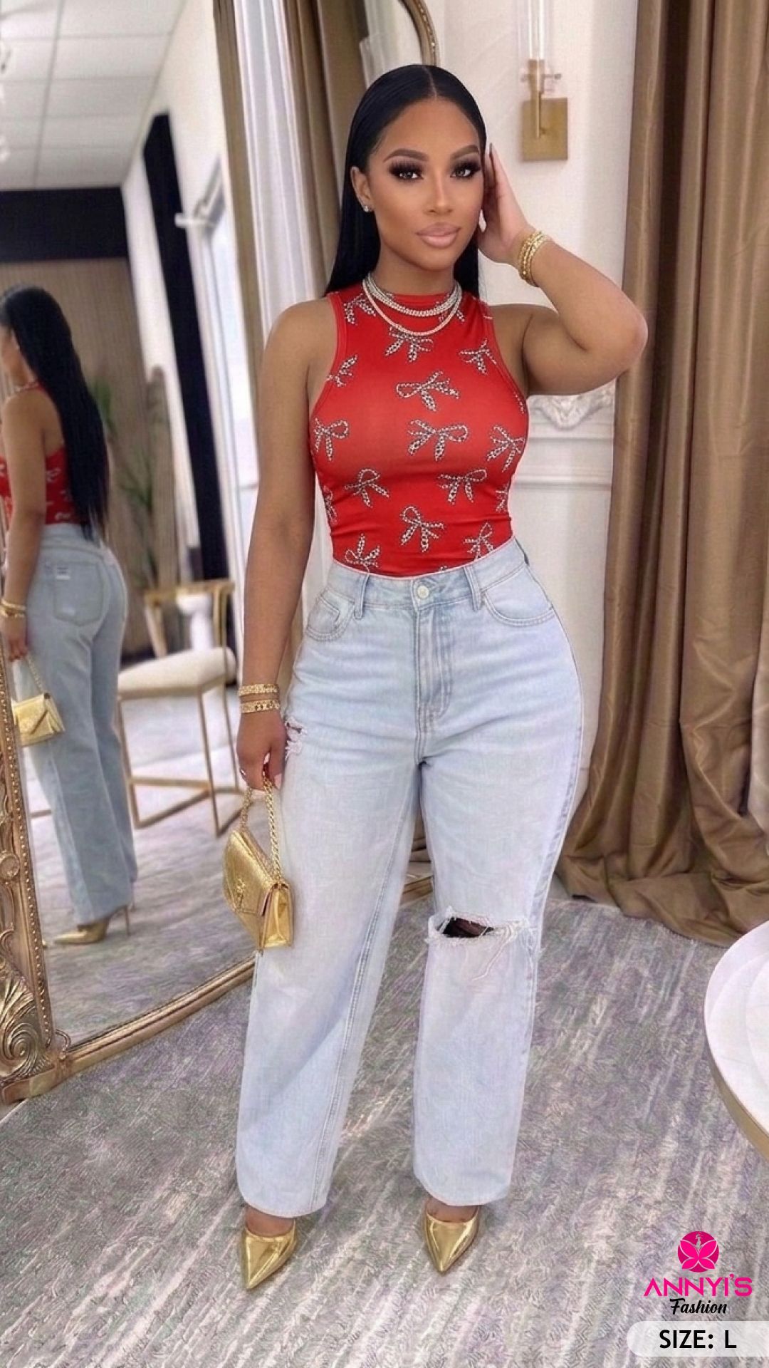 Afternoon Charisma Red Bow Print Crop Tank [L]
