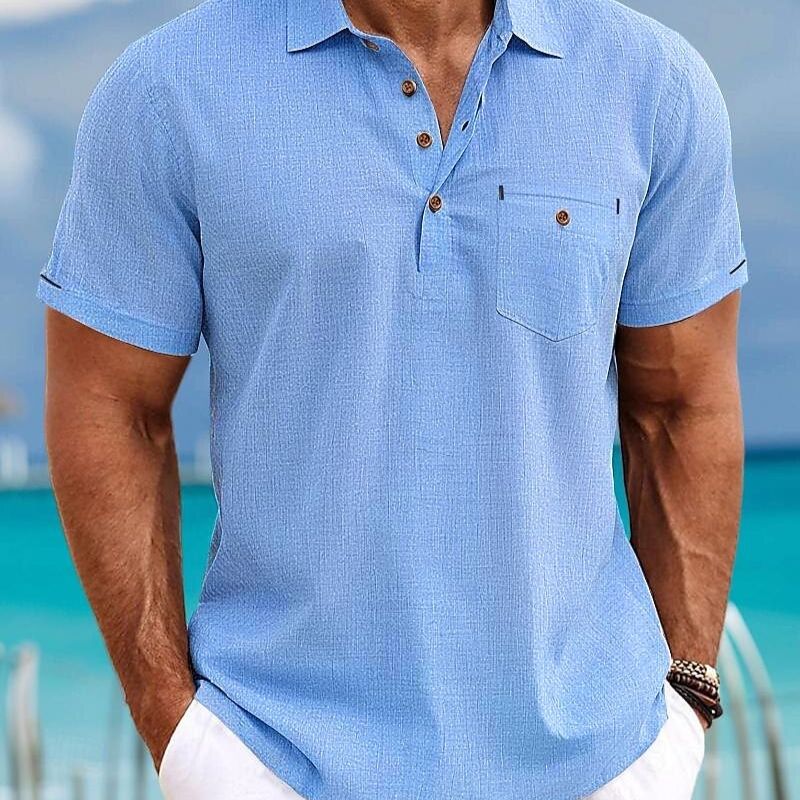 Men's Shirt Amoi Shirt Men's Lapel Single Pocket Short Sleeve Shirt_5