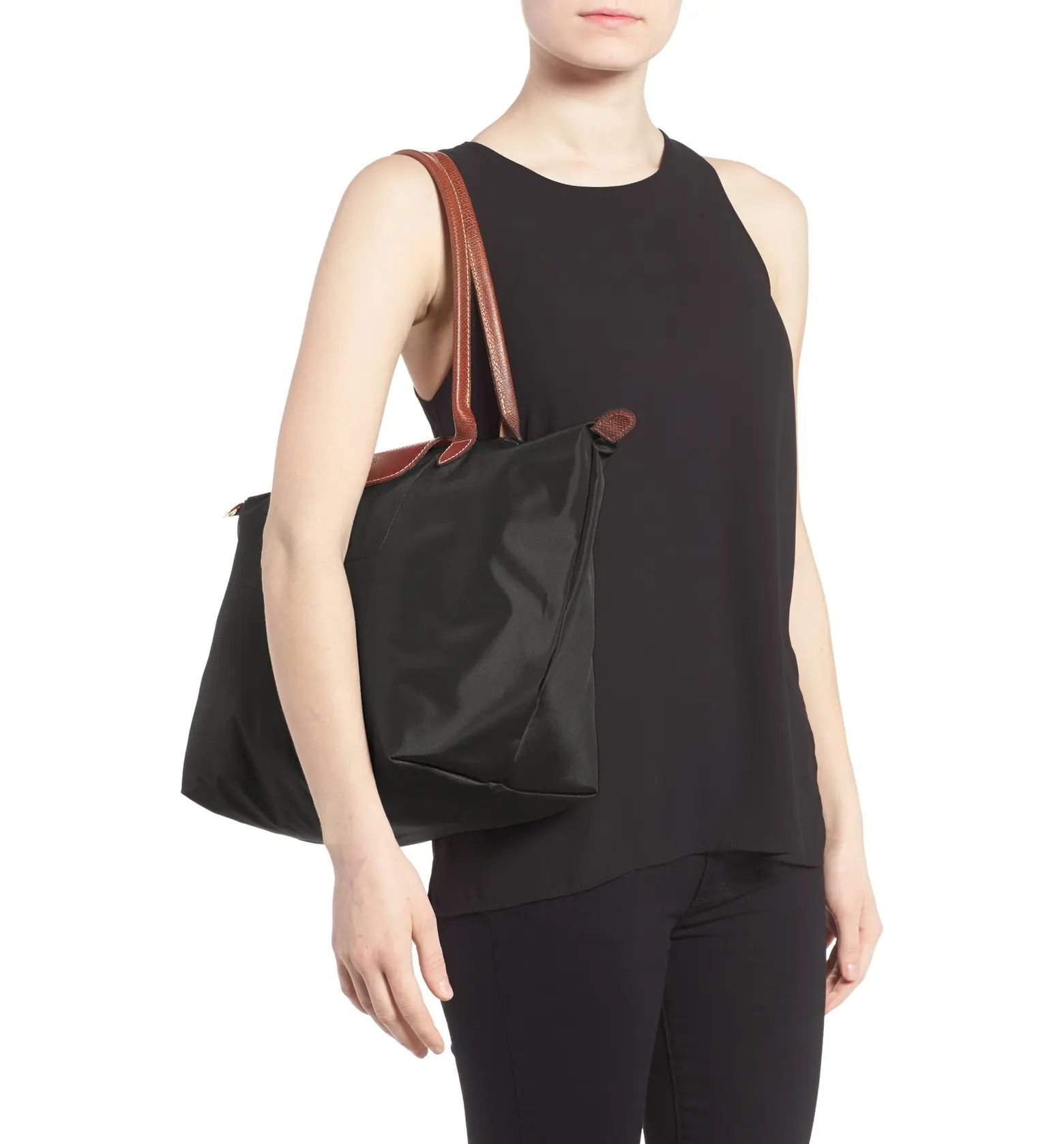 Classic Black Nylon Tote with Brown Leather Handles