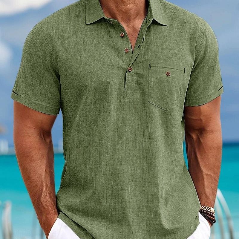 Men's Shirt Amoi Shirt Men's Lapel Single Pocket Short Sleeve Shirt_3